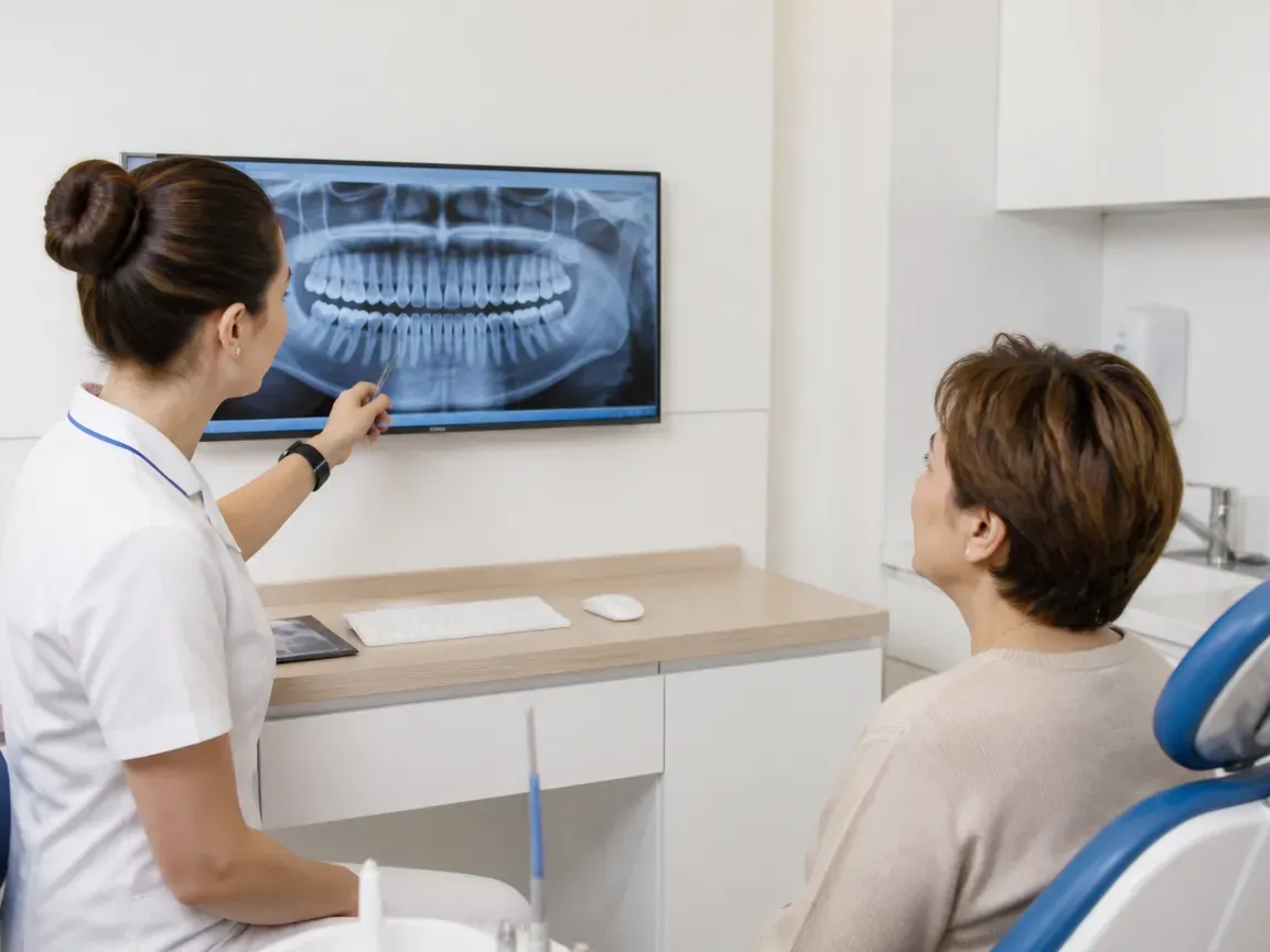 Consultation: doctor and patient at a screen with an X-ray — illustration for the "Appointment and Preparation" section