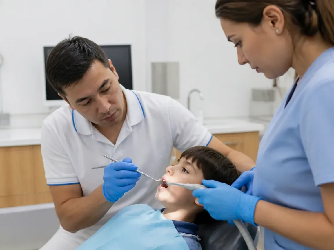 Follow-up visit: the dentist checks the result with a mirror while the assistant holds the saliva ejector — illustration for the section "Finishing and final steps"