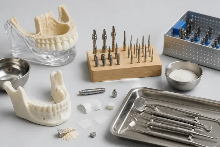 Instruments and materials for this type of treatment, laid out on a light surface — an illustration for the section "Root Canals and Apices"