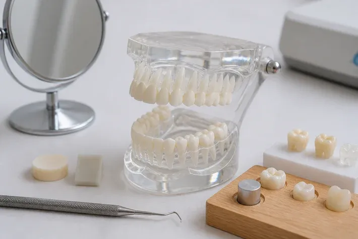 A jaw model and material samples on the dentist's table next to a mirror and probe — an illustration for the "Bone tissue" section