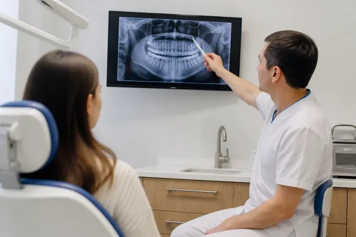 Doctor showing a patient an image on a screen and explaining the treatment plan — illustration for the section "Maxillary sinuses and mandibular canal"