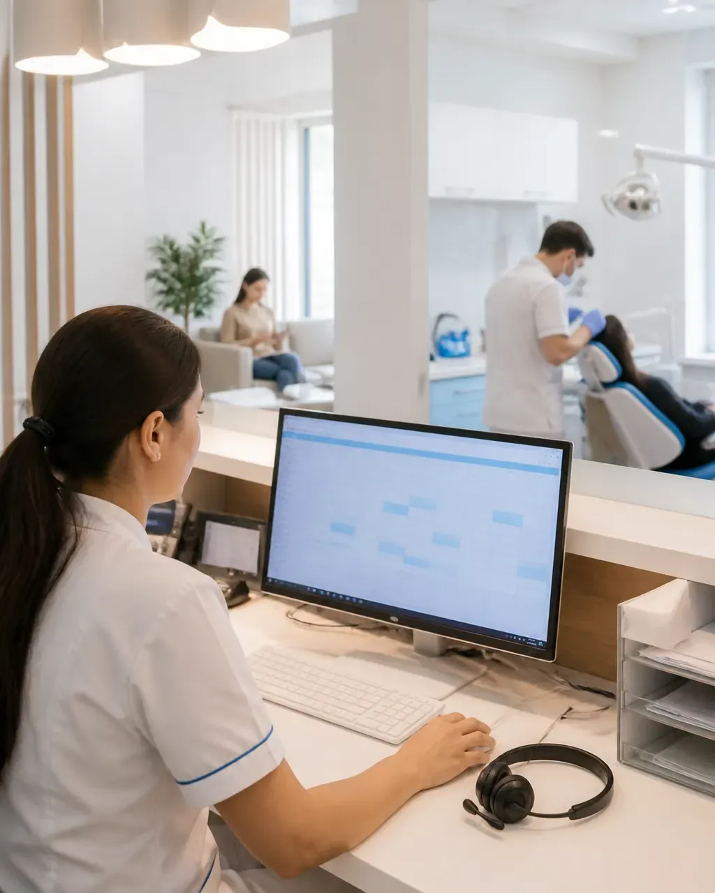 The clinic administrator answers patient messages at the front desk