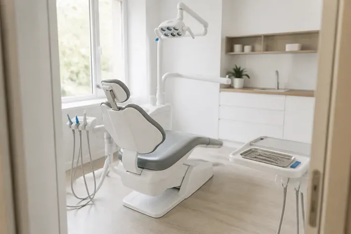 Treatment room prepared for an appointment: dental chair, lamp, and tray of instruments — illustration for the section "Removal of multiple roots in a single visit"