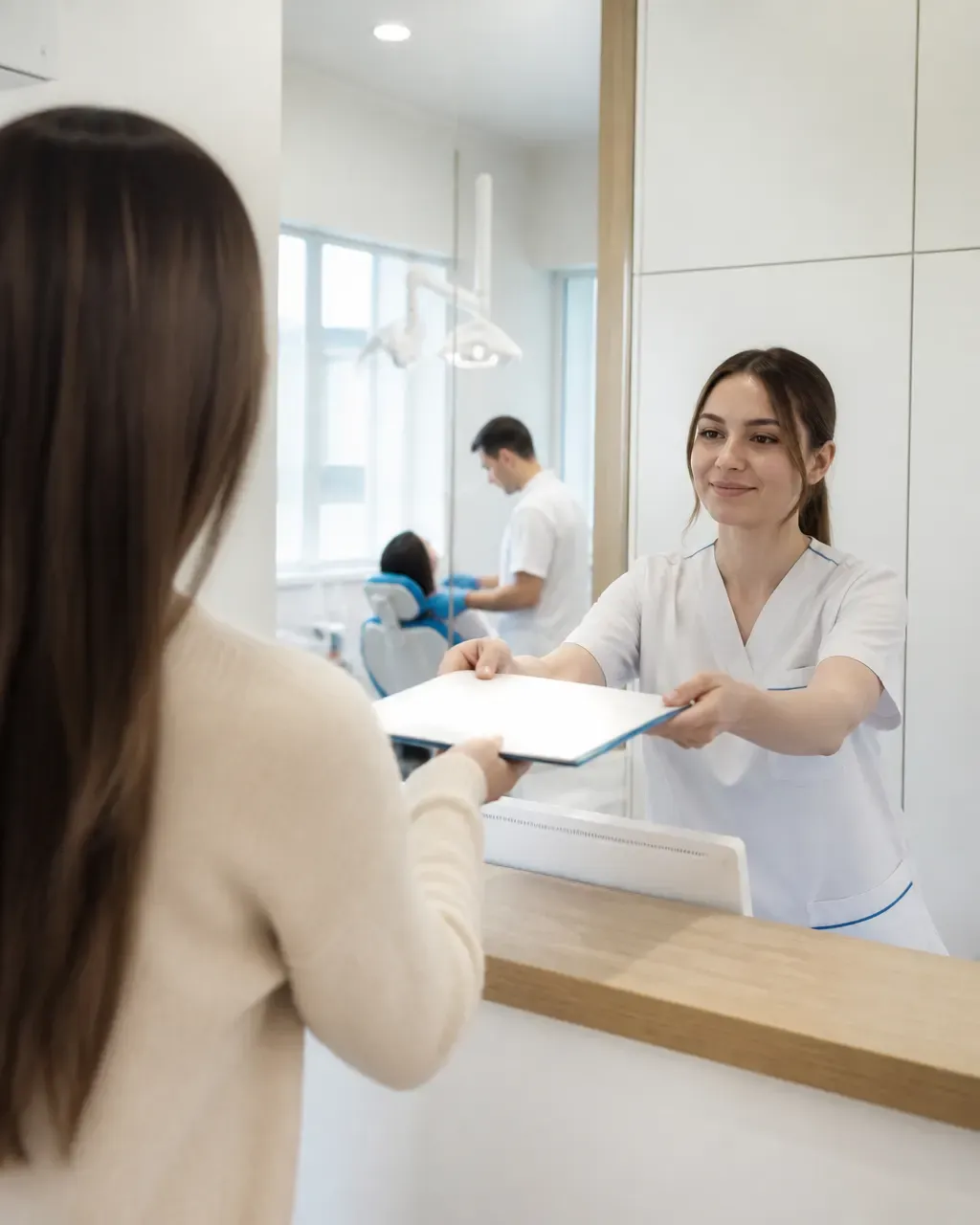 The clinic administrator gives the patient a treatment plan at the front desk