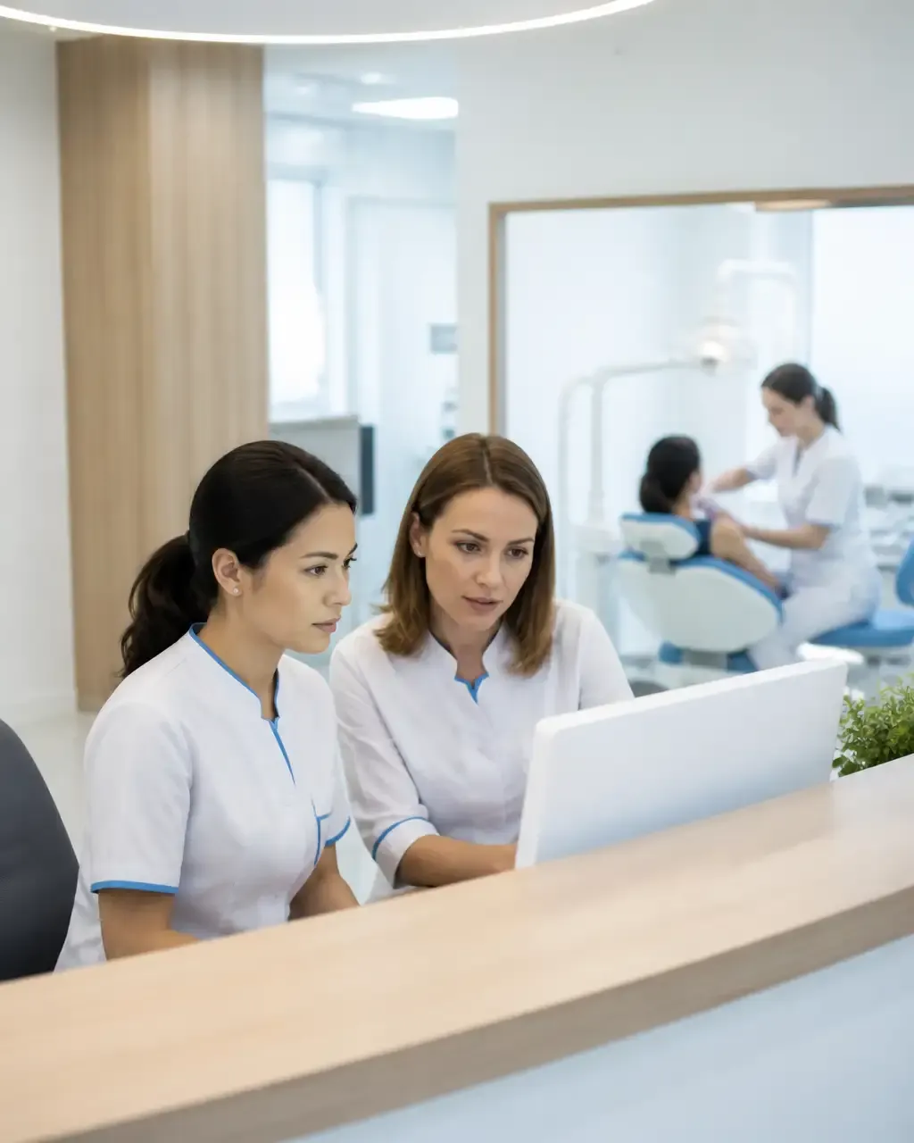 Clinic administrators check the appointment schedule on the screen at the front desk