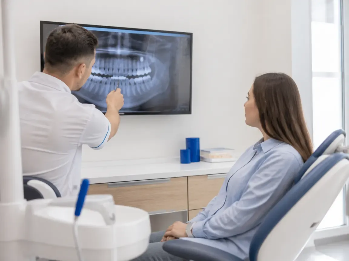 Consultation: dentist and patient at a screen with an X-ray — illustration for the section "Examination and treatment plan"