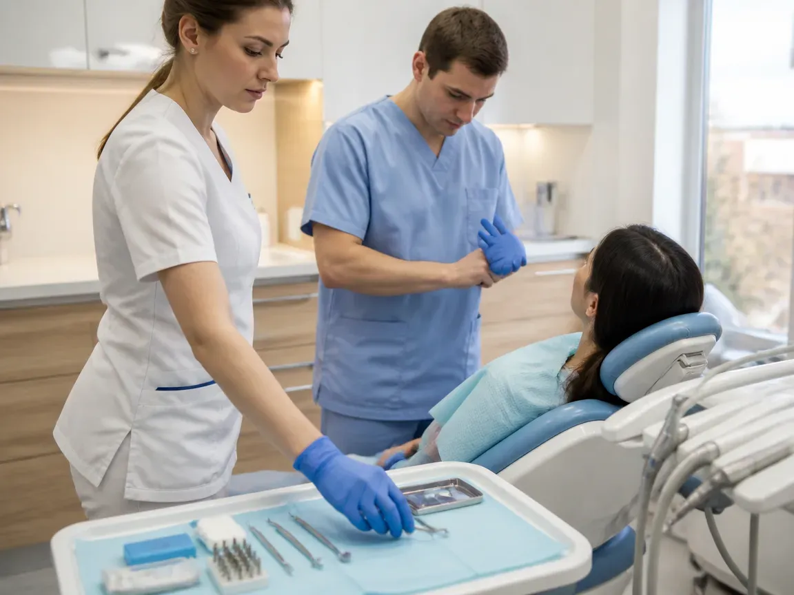 Preparation: the assistant lays out sterile instruments, the dentist puts on gloves — illustration for the section "Tooth preparation"