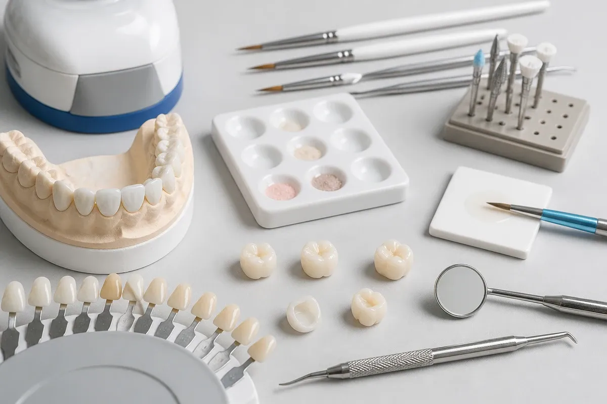 Instruments and materials for this type of treatment, laid out on a light surface — an illustration for the section "All-ceramic crowns"
