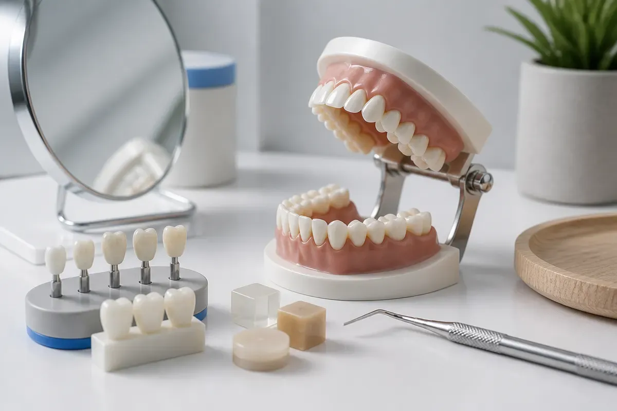 A jaw model and material samples on the dentist's table next to a mirror and probe — an illustration for the section "Service life and what affects it"