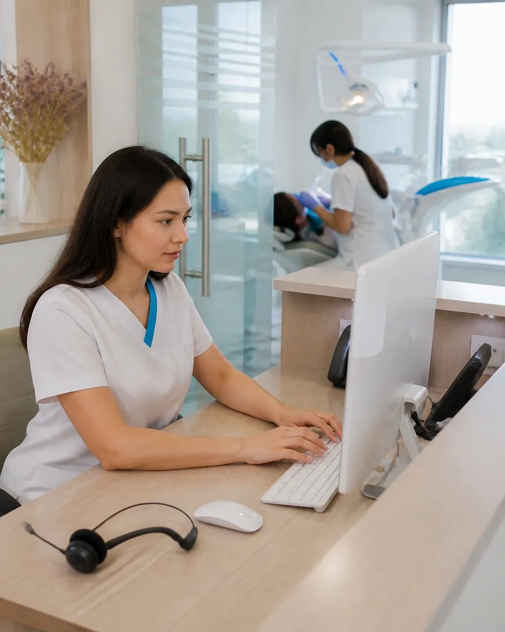 The clinic administrator answers patient messages at the front desk