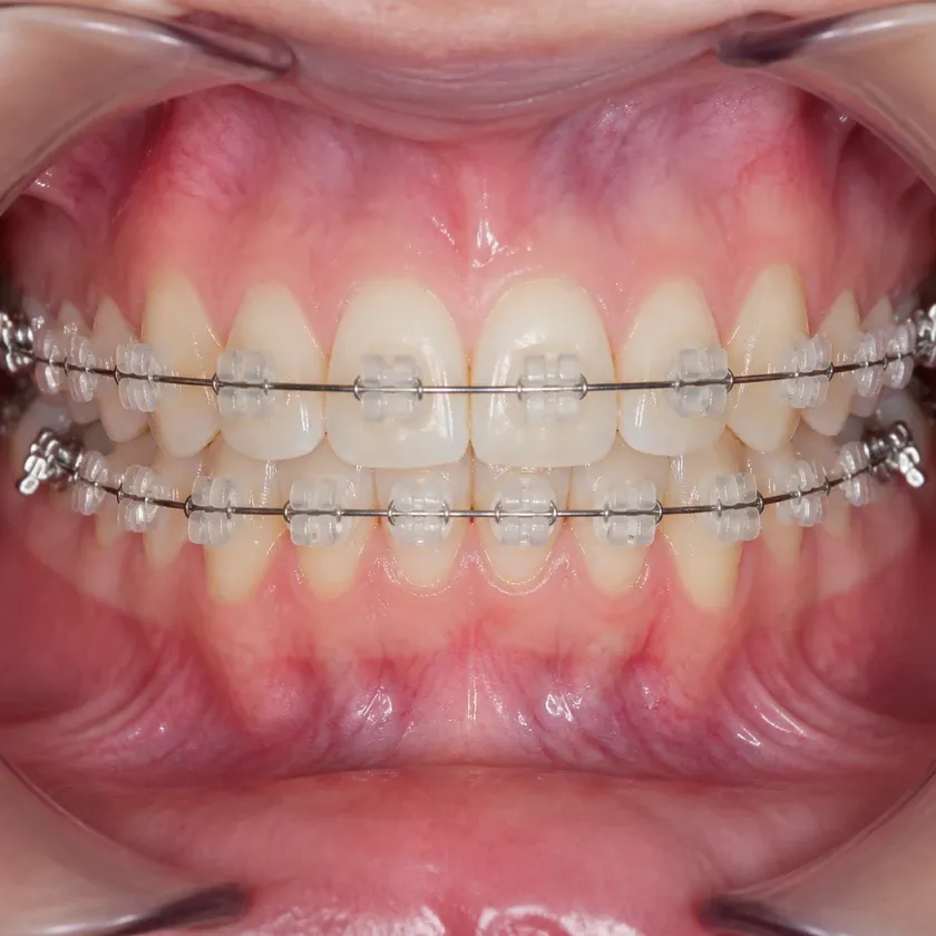 sapphire bracket — close-up of the result after treatment on a clinical photo