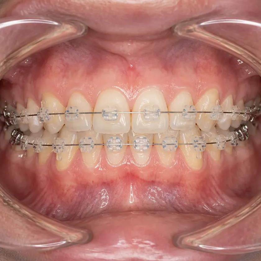 sapphire bracket — close-up of the result after treatment on a clinical photo