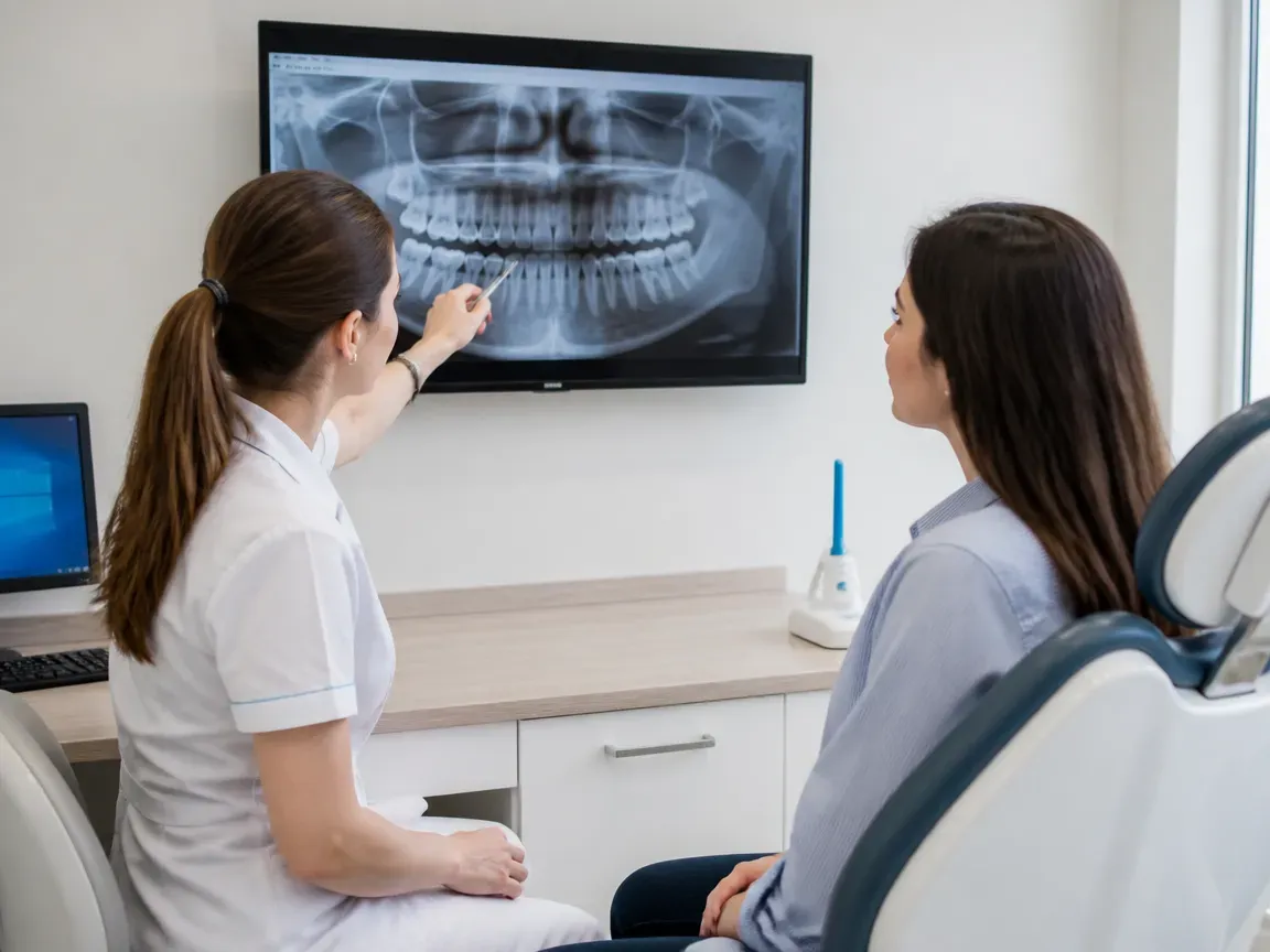 Consultation: doctor and patient at a screen with an X-ray — illustration for the section "How Damon braces are placed: stages and timelines"