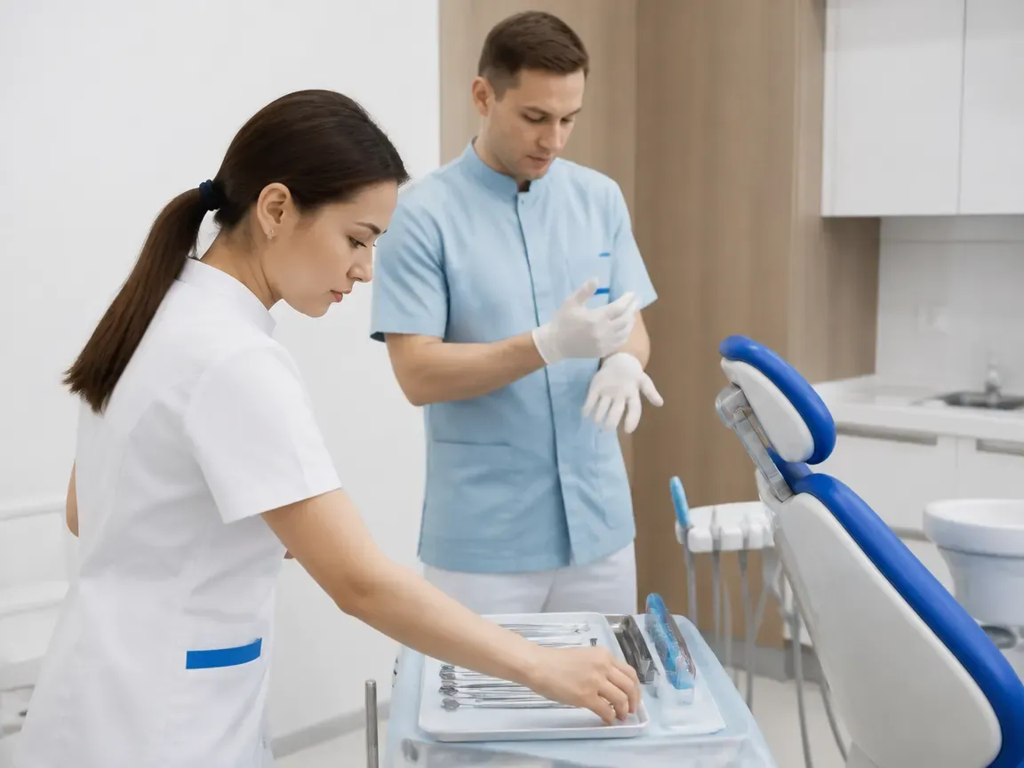 Preparation: the assistant lays out sterile instruments, the doctor puts on gloves — illustration for the section "How long are Damon braces worn and what determines the duration of treatment"