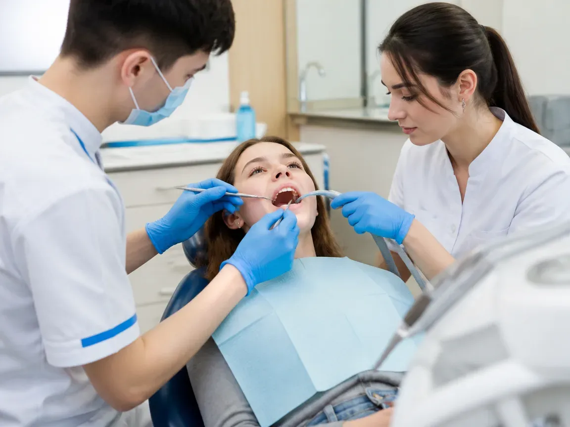 Follow-up visit: the doctor checks the result with a mirror while the assistant holds the saliva ejector — illustration for the section "Follow-up visits and adjustments in treatment with Damon braces"