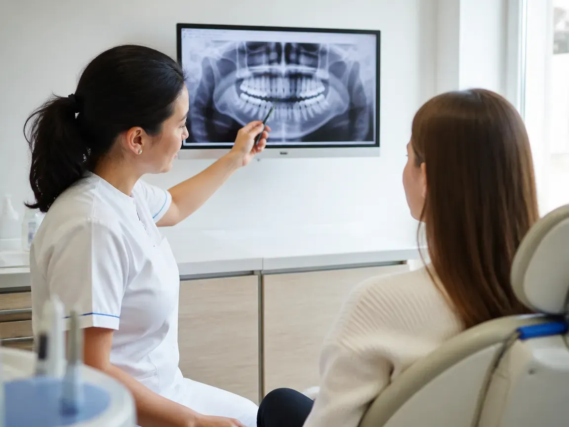 Consultation: doctor and patient at a screen with an X-ray — illustration for the section "Examination and Diagnostics"