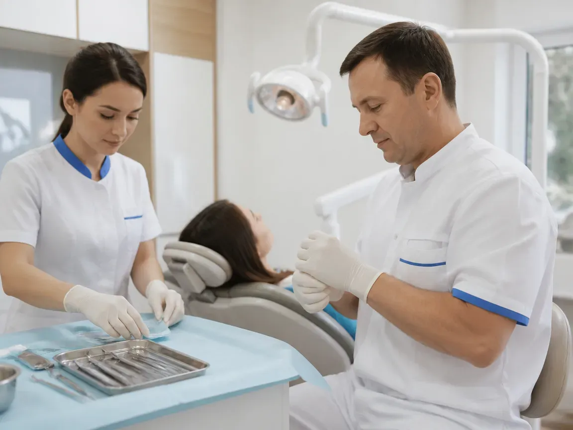 Preparation: the assistant lays out sterile instruments, the dentist puts on gloves — illustration for the "Preparation" section