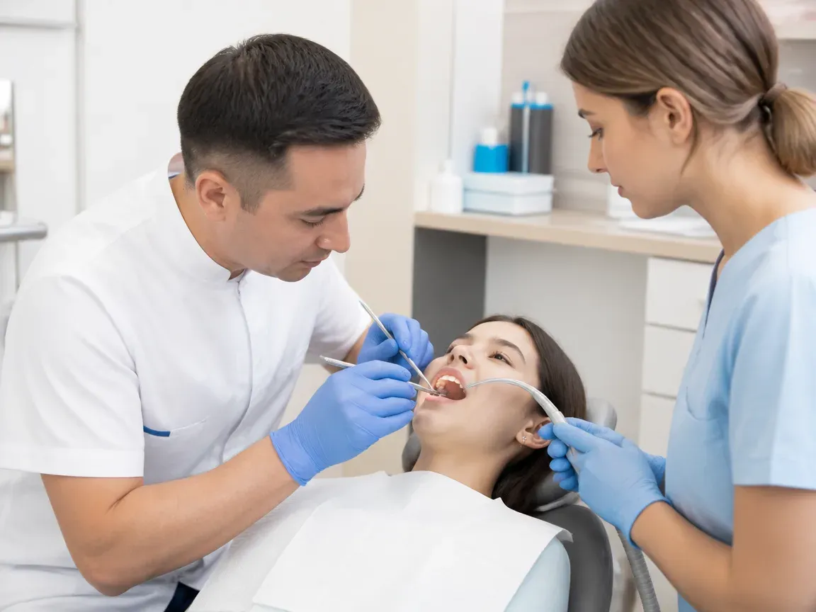 Follow-up visit: the dentist checks the result with a mirror while the assistant holds the saliva ejector — illustration for the "Follow-up Visits" section