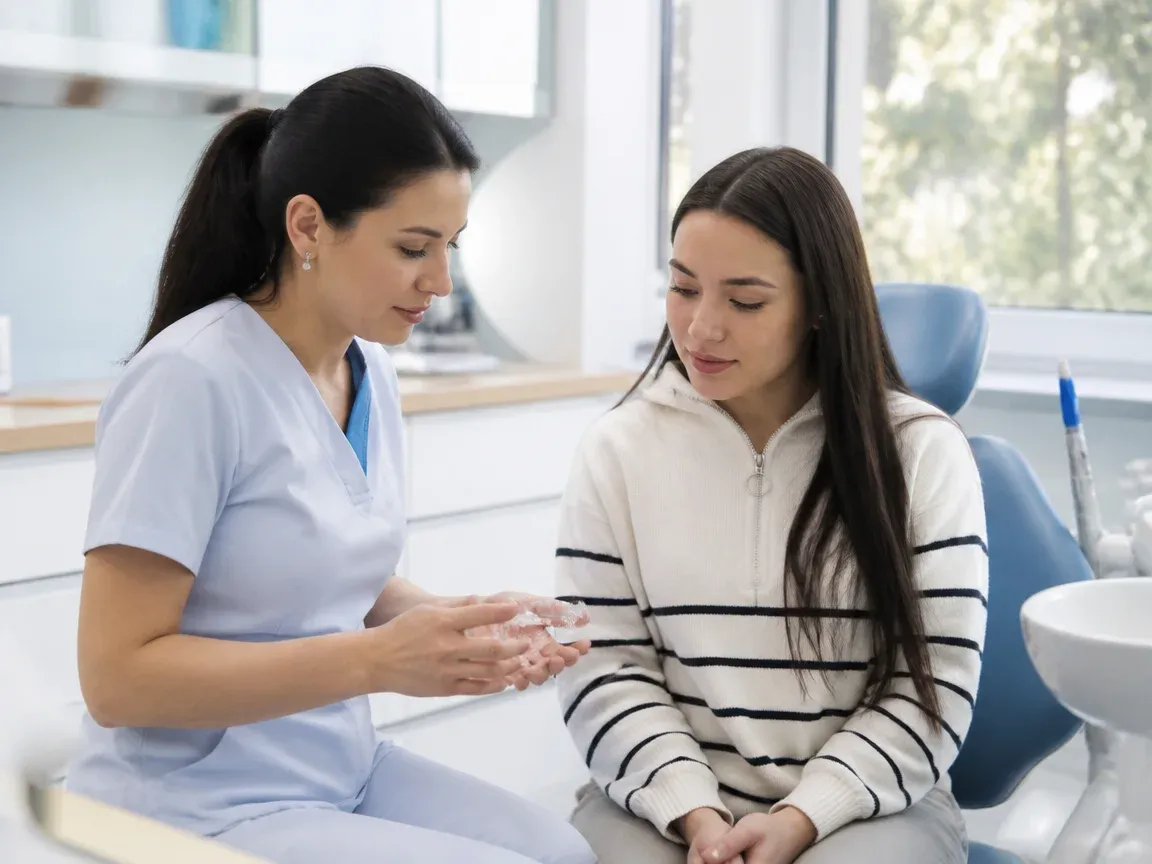 End of appointment: the doctor next to the patient goes over aftercare instructions — illustration for the section "Removal and Retention"