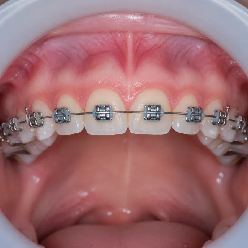 Braces for children — close-up of the result after treatment in a clinical photograph