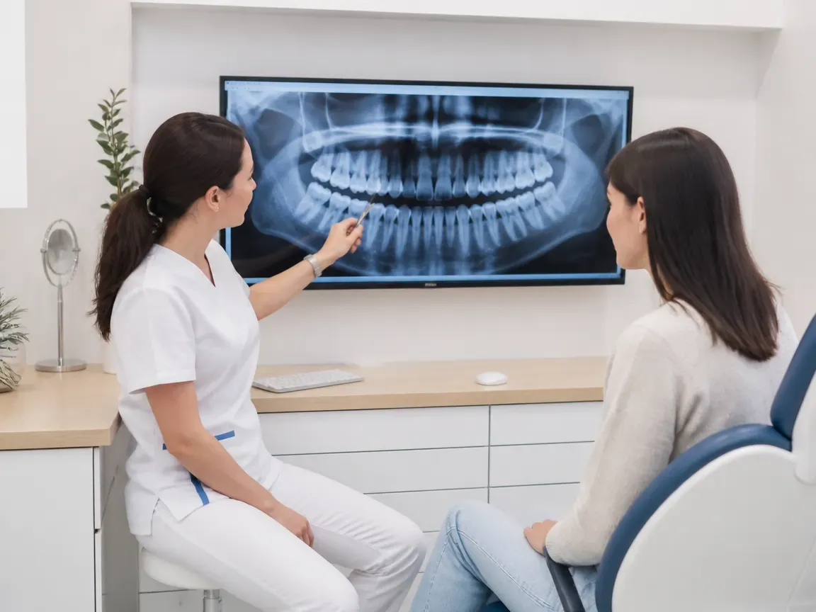 Consultation: doctor and patient at a screen with an X-ray — illustration for the "Consultation and Diagnostics" section