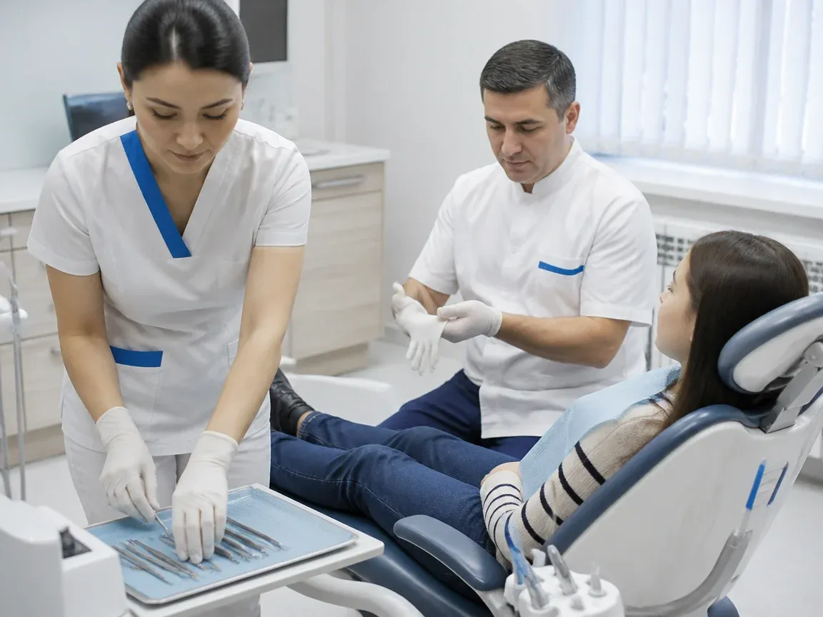 Preparation: the assistant lays out sterile instruments, the dentist puts on gloves — illustration for the section "Oral cavity preparation"
