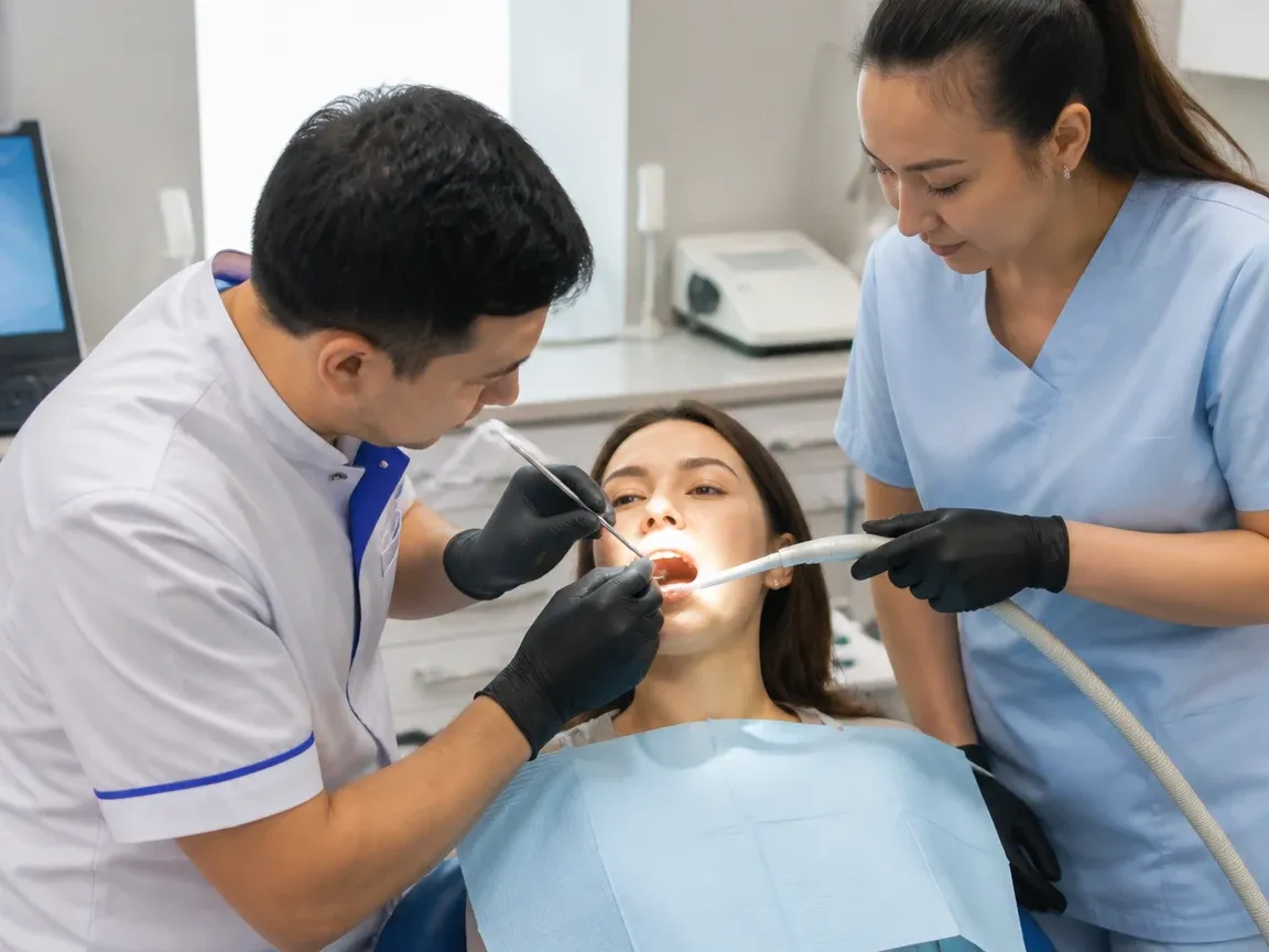 Follow-up visit: the dentist checks the result with a mirror while the assistant holds the saliva ejector — illustration for the "Follow-up Visits" section