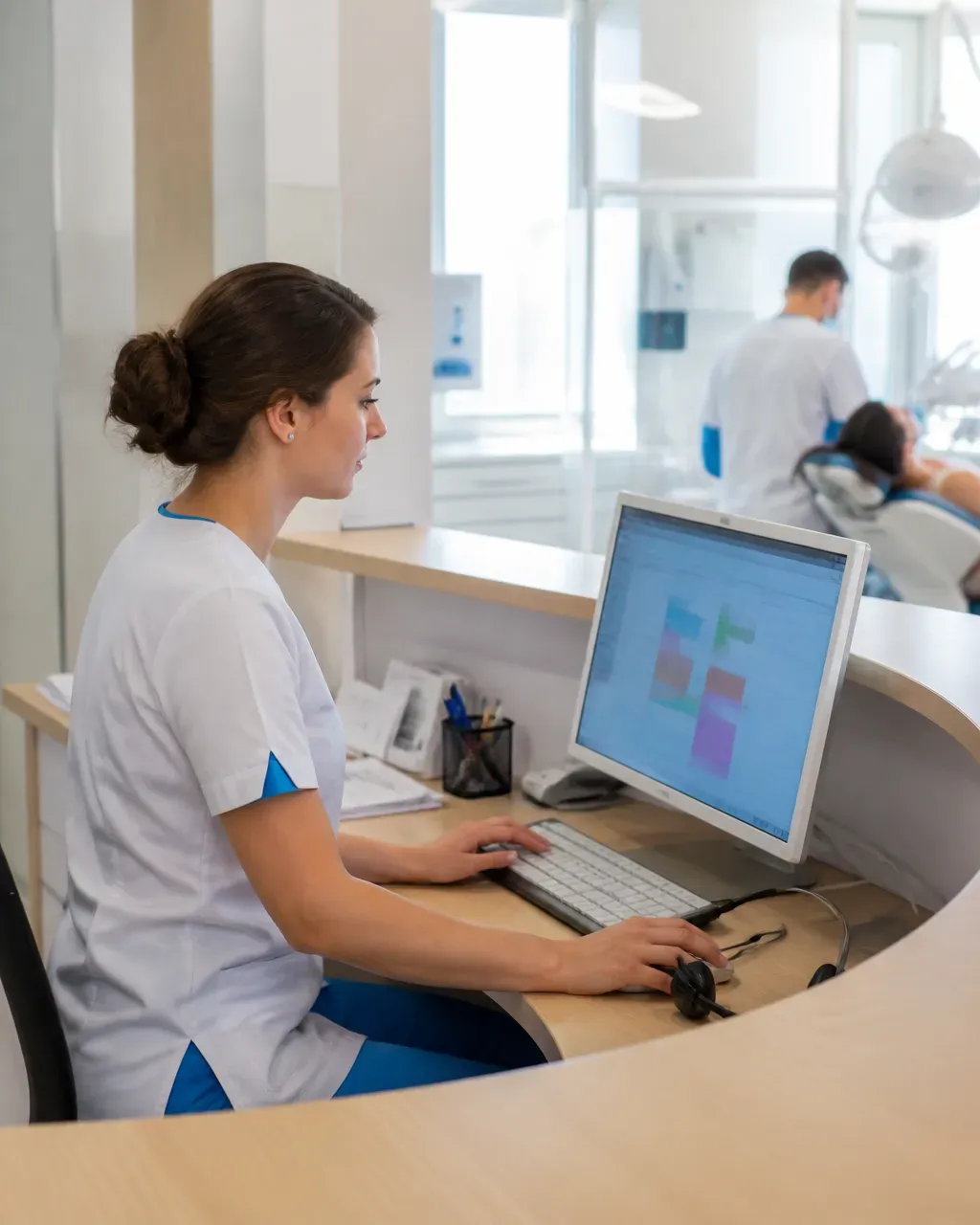 The clinic administrator answers patient messages at the front desk