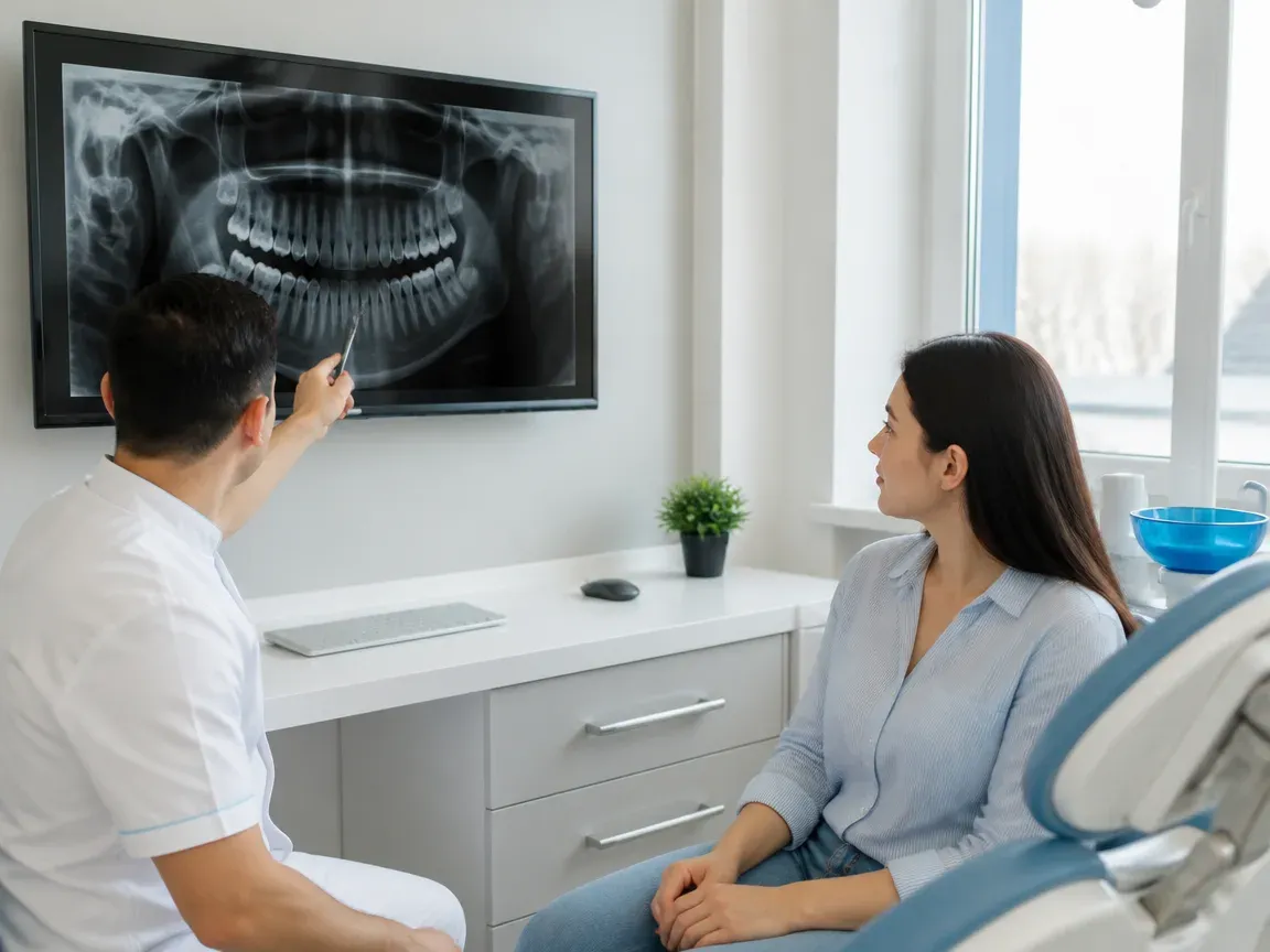 Consultation: doctor and patient at a screen with an X-ray — illustration for the "Consultation and Diagnostics" section