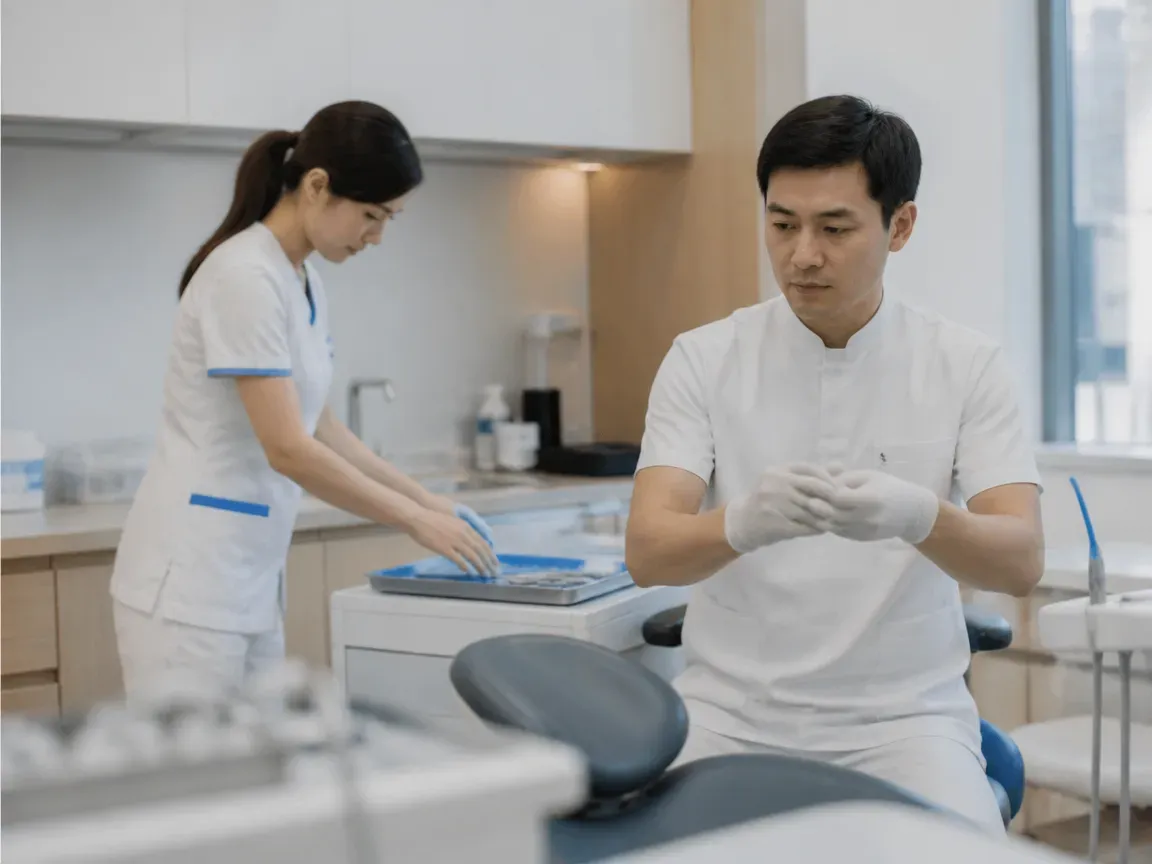 Preparation: the assistant lays out sterile instruments, the dentist puts on gloves — illustration for the section "Oral cavity preparation"