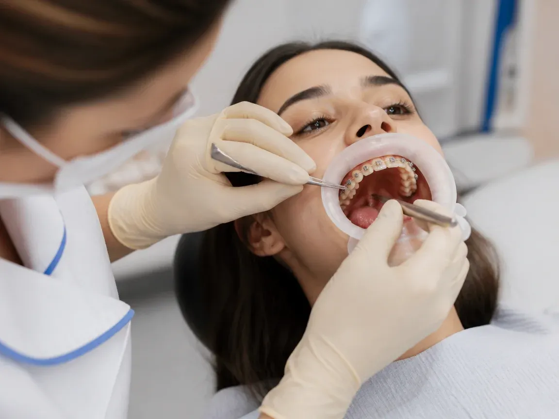 The treatment stage itself: the doctor's gloved hands working inside the oral cavity — an illustration for the "Bracket Bonding" section