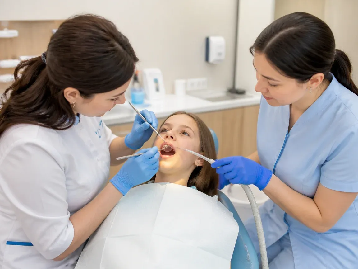 Follow-up visit: the dentist checks the result with a mirror while the assistant holds the saliva ejector — illustration for the "Follow-up Visits" section