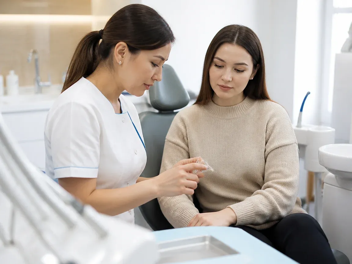 End of appointment: the doctor next to the patient goes over aftercare recommendations — illustration for the "Removal of the system" section