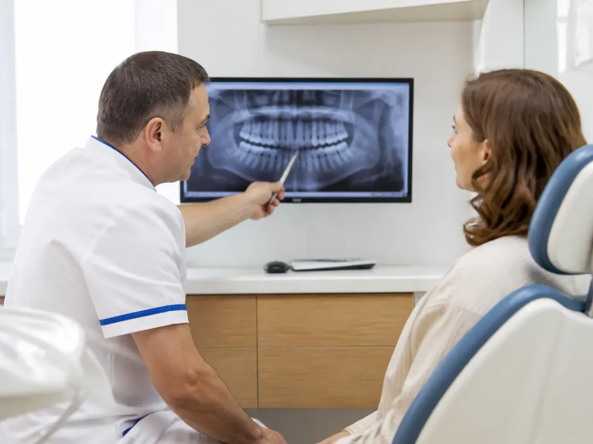 Consultation: doctor and patient at a screen with an X-ray — illustration for the section "Examination and Preparation"
