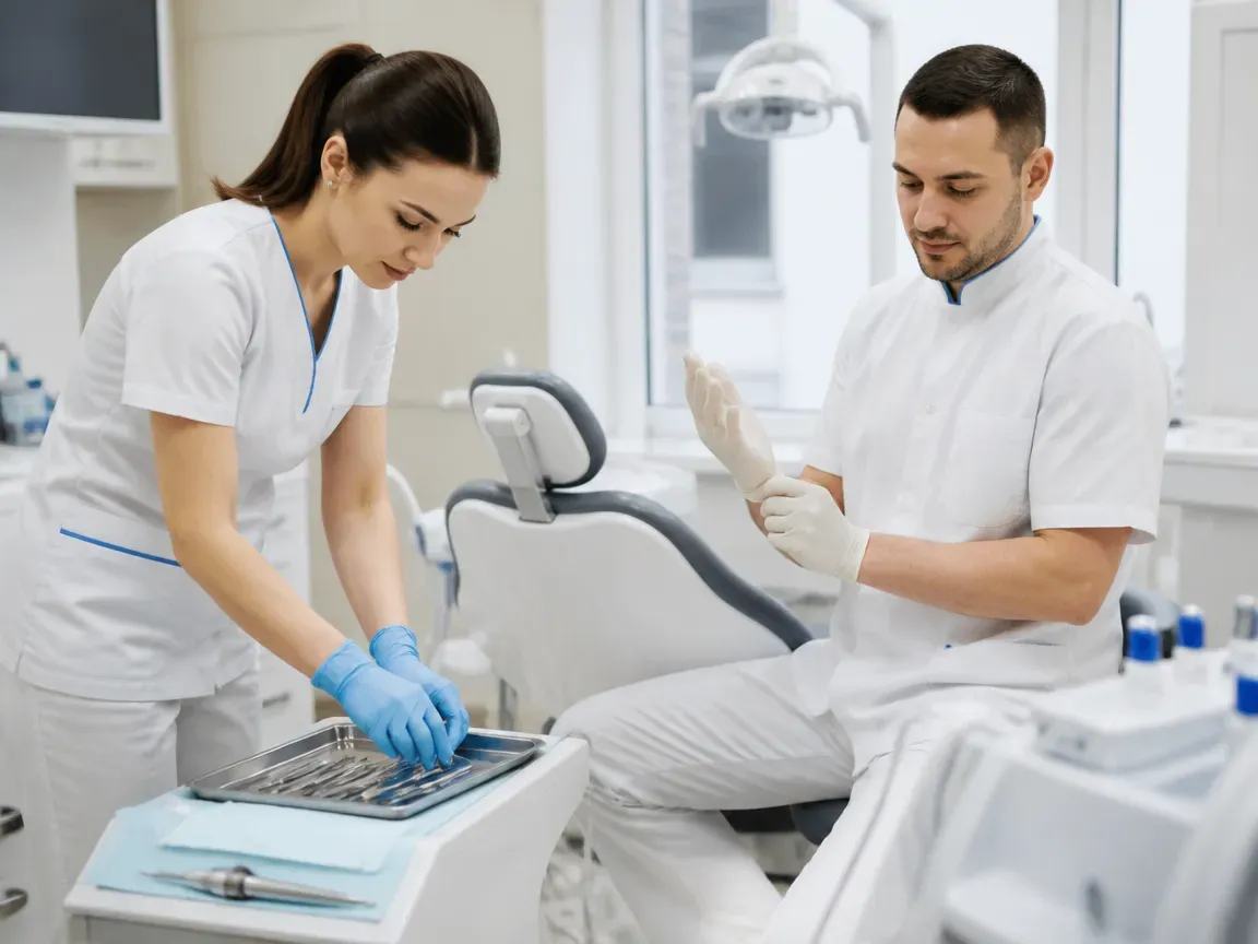 Preparation: the assistant lays out sterile instruments, the dentist puts on gloves — illustration for the section “Impressions and model”