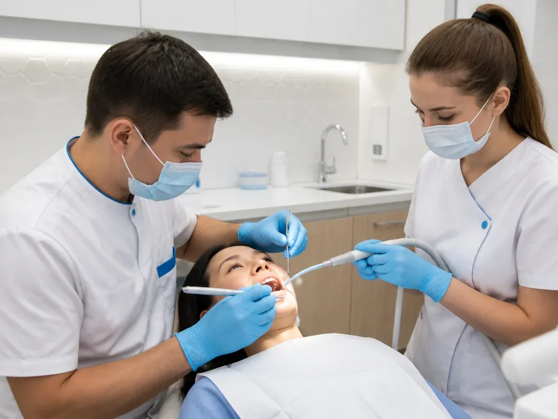 Follow-up visit: the dentist checks the result with a mirror while the assistant holds the saliva ejector — illustration for the 'Try-in and cementation' section