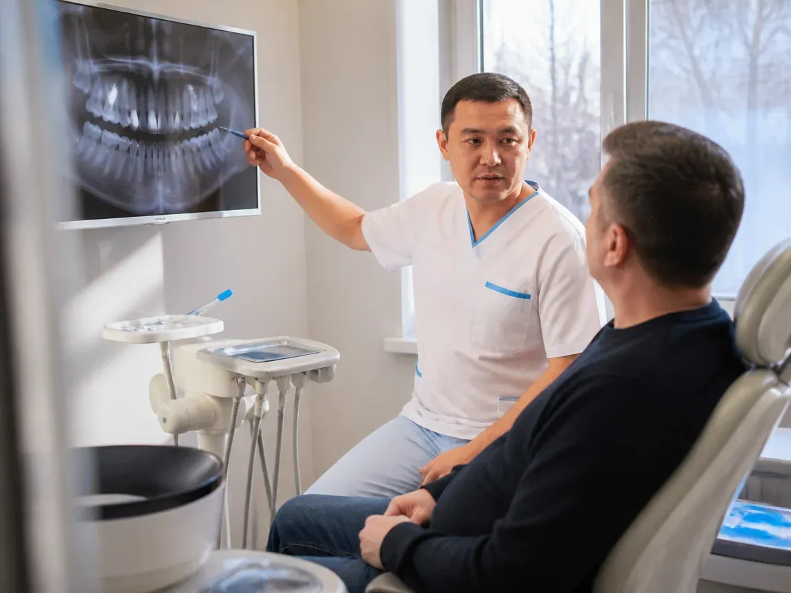 Consultation: doctor and patient at a screen with an X-ray — illustration for the section "Bonding and follow-up visits"
