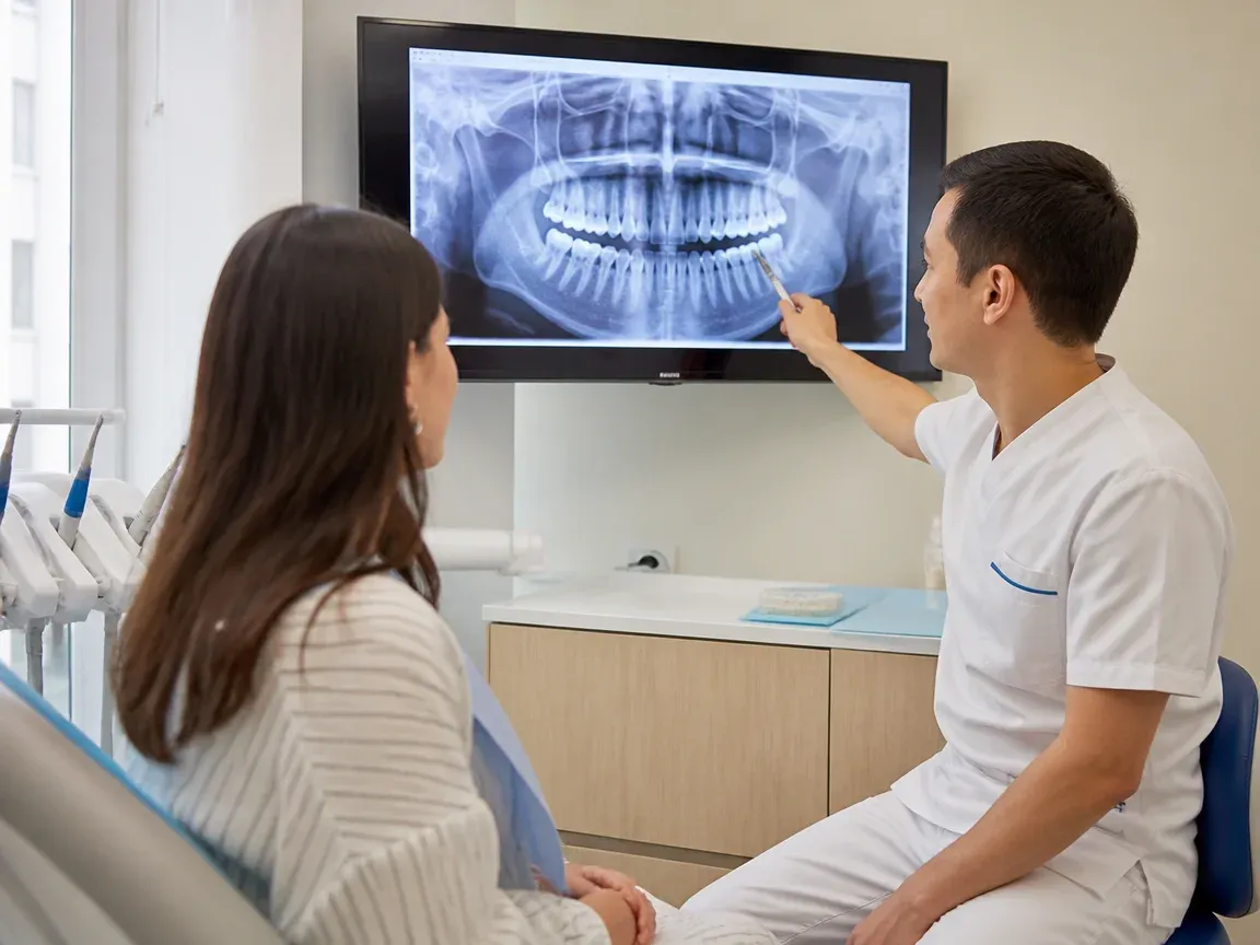 Consultation: dentist and patient at a screen with an X-ray — illustration for the "Examination and Treatment Plan" section