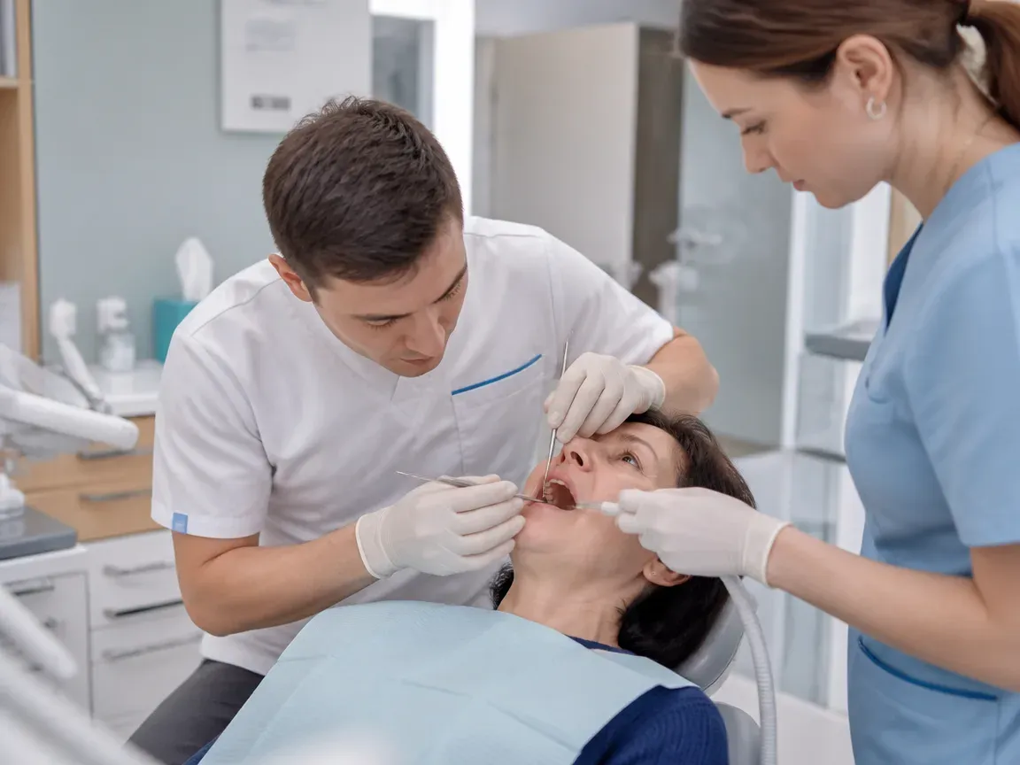 Follow-up visit: the dentist checks the result with a mirror while the assistant holds the saliva ejector — illustration for the "Fabrication and Delivery" section