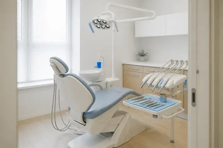 A treatment room prepared for a patient: dental chair, lamp, and a tray of instruments — illustration for the section "Prosthesis attachments"