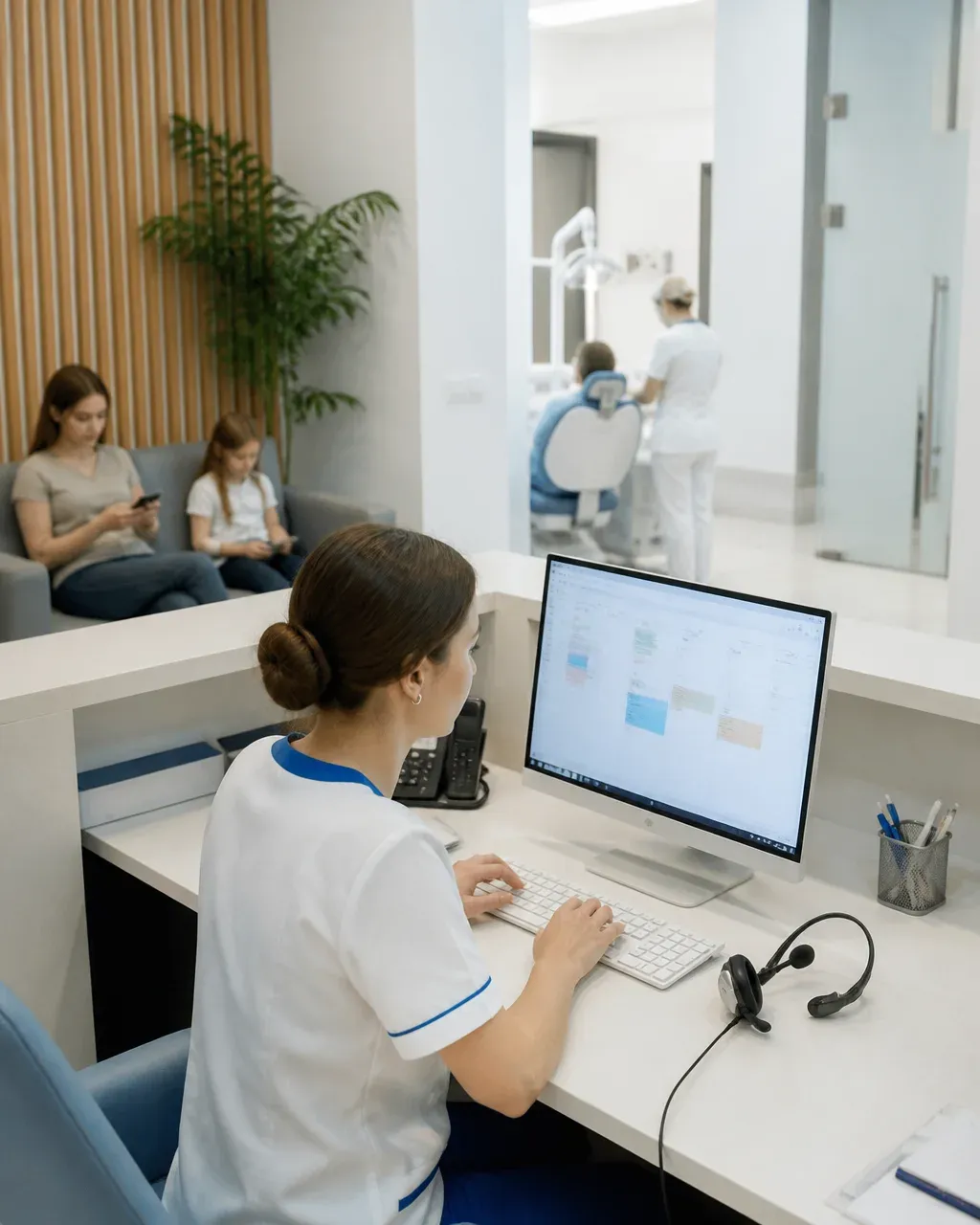 The clinic administrator answers patient messages at the front desk