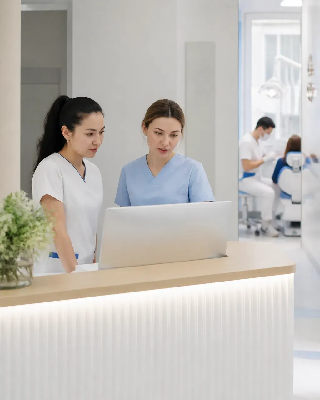 Clinic administrators check the appointment schedule on the screen at the front desk