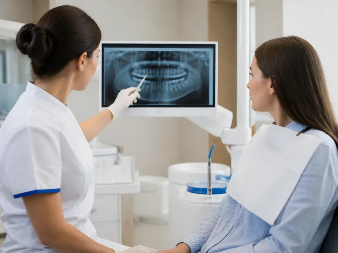 Consultation: doctor and patient at a screen with an X-ray — illustration for the section "Examination and Diagnostics"