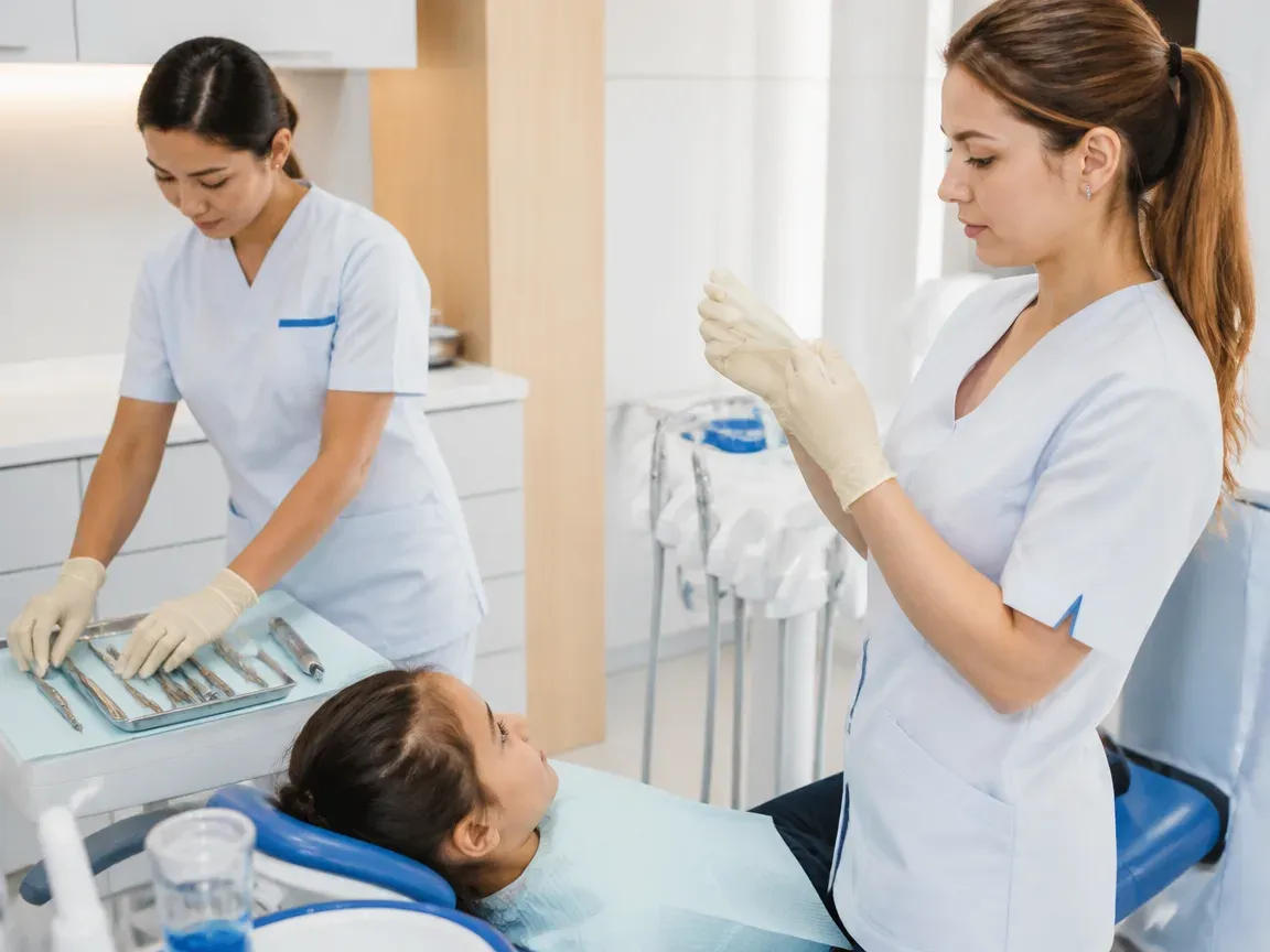 Preparation: the assistant lays out sterile instruments, the dentist puts on gloves — illustration for the section "Removal of plaque and tartar"