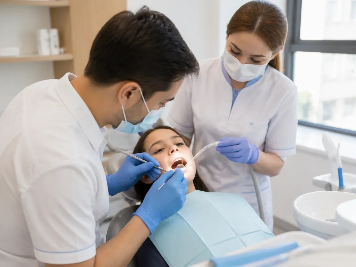 Follow-up visit: the dentist checks the result with a mirror while the assistant holds the saliva ejector — illustration for the section "Combination with other procedures"
