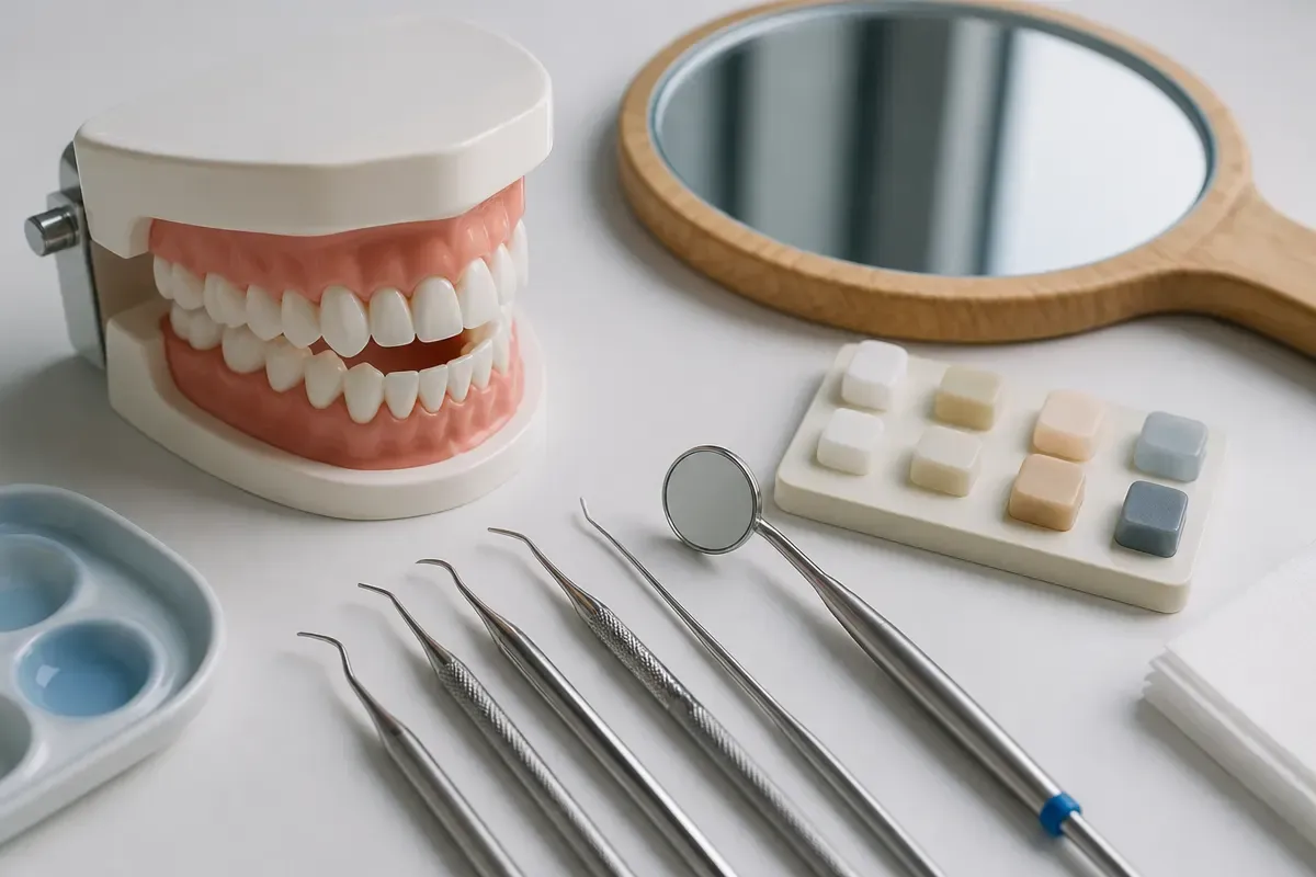 A jaw model and material samples on the dentist's table next to a mirror and probe — an illustration for the "Hand Instruments" section