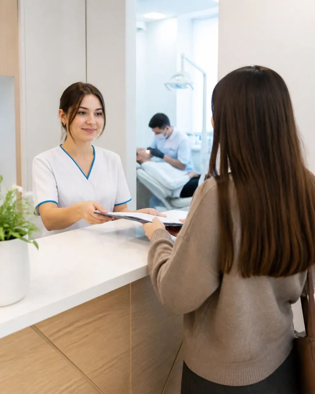 The clinic administrator gives the patient a treatment plan at the front desk