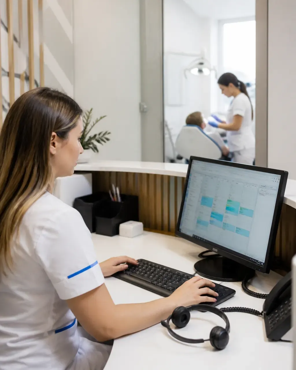 The clinic administrator answers patient messages at the front desk