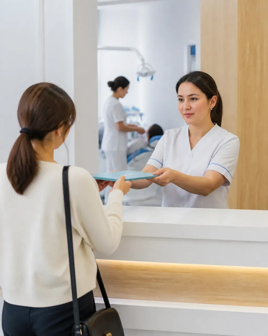 The clinic administrator gives the patient a treatment plan at the front desk