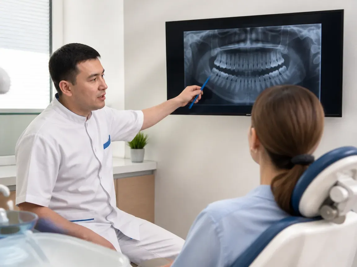 Consultation: doctor and patient at a screen with an X-ray — illustration for the "Consultation and Diagnostics" section